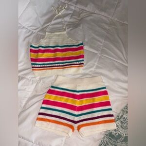 Colorful Striped Knit Halter Top and Shorts Set